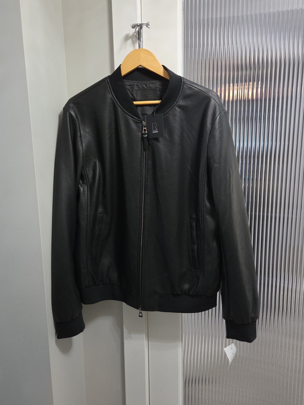 RUDSAK Black Leather Bomber with Ribbed Trim